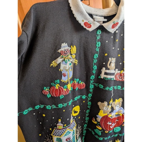 Vintage Spumoni 1X Halloween Fall Sweatshirt Embroidered Pumpkin Bears Scarecrow - Picture 2 of 11